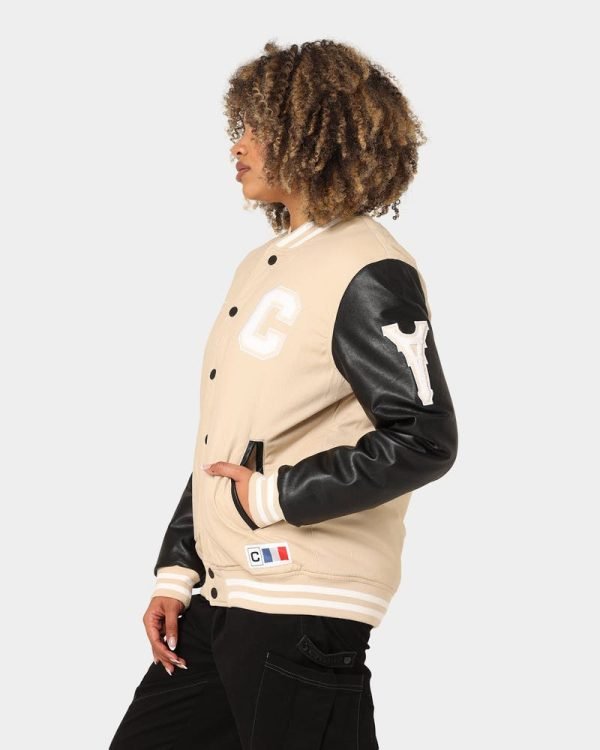 Get Buy Women's MVP Varsity Jacket In Stone/Black- The Jacket Place