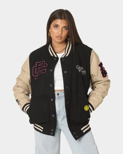 Women's Peace Varsity Jacket In Black/Stone