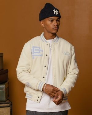 Men's Peace Varsity Jacket In Off White/Blue - The Jacket Place