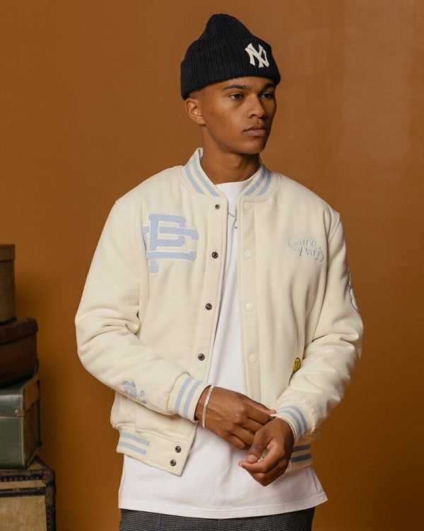 Men's Peace Varsity Jacket In Off White/Blue - The Jacket Place