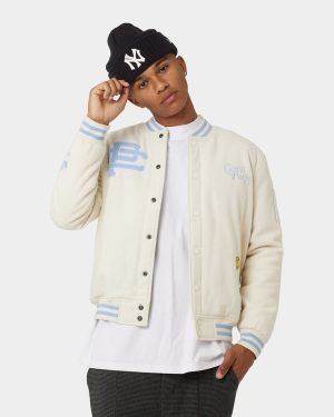 Get Carre Men's Peace Varsity Jacket In Off White/Blue - The Jacket Place