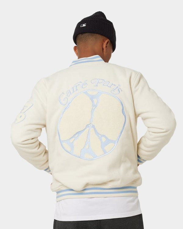 Buy Men's Peace Varsity Jacket In Off White/Blue - The Jacket Place