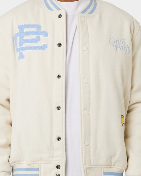 Classic Men's Peace Varsity Jacket In Off White/Blue - The Jacket Place
