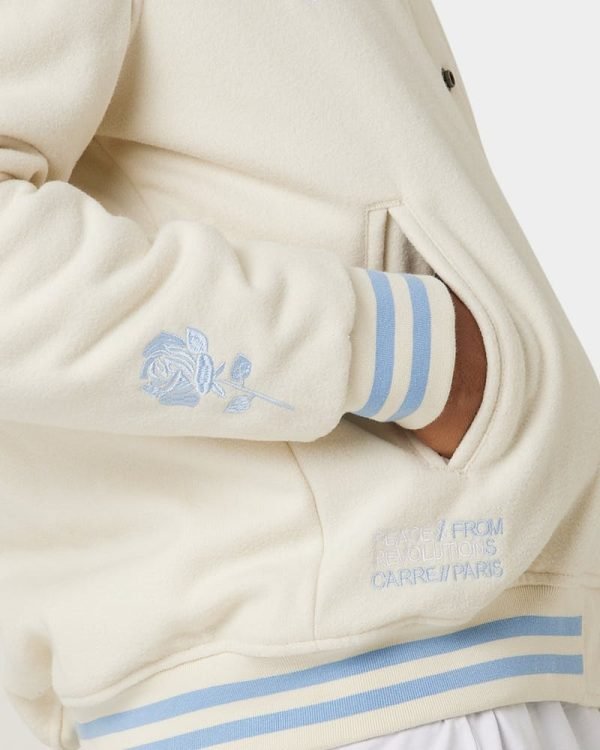Men's Peace Varsity Jacket In Off White/Blue Ribbed Cuffs