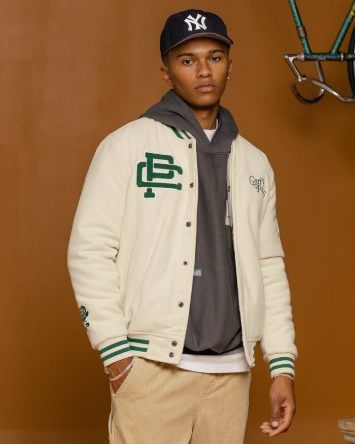 Men's Peace Varsity Jacket In Off White/Green