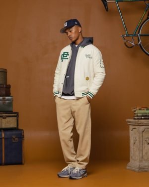 Buy Men's Peace Varsity Jacket In Off White/Green - The Jacket Place