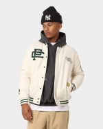 Men's Peace Varsity Jacket In Off White/Green - The Jacket Place