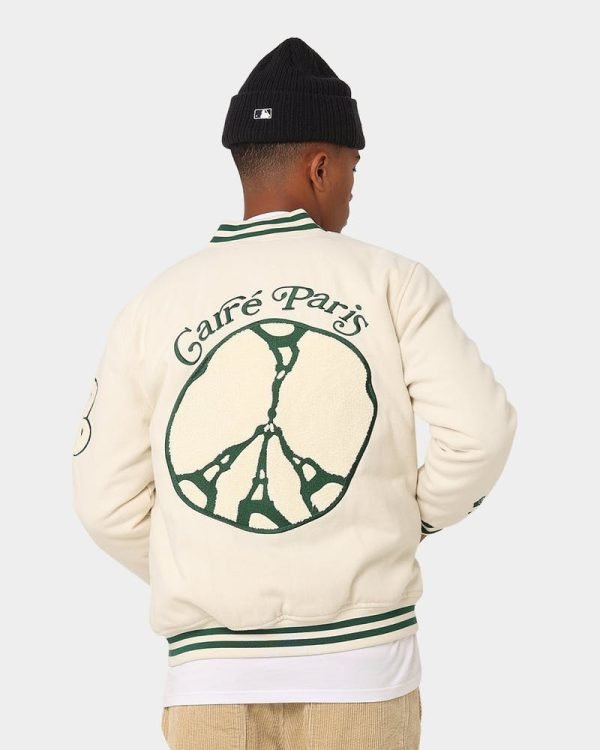 Cool and Comfortable Men's Peace Varsity Jacket In Off White/Green