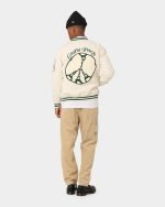 Stylish Men's Peace Varsity Jacket In Off White/Green