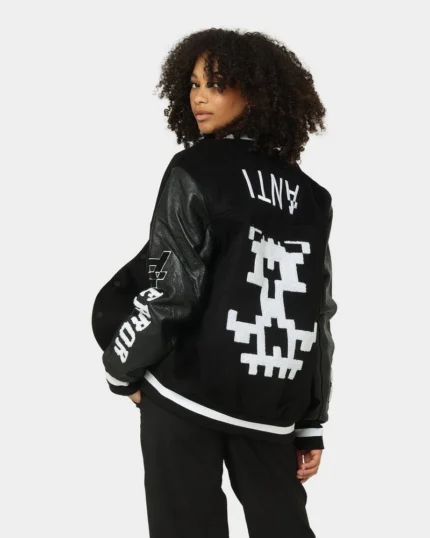 Women's Dead Pixel Leather Varsity Jacket Black/White