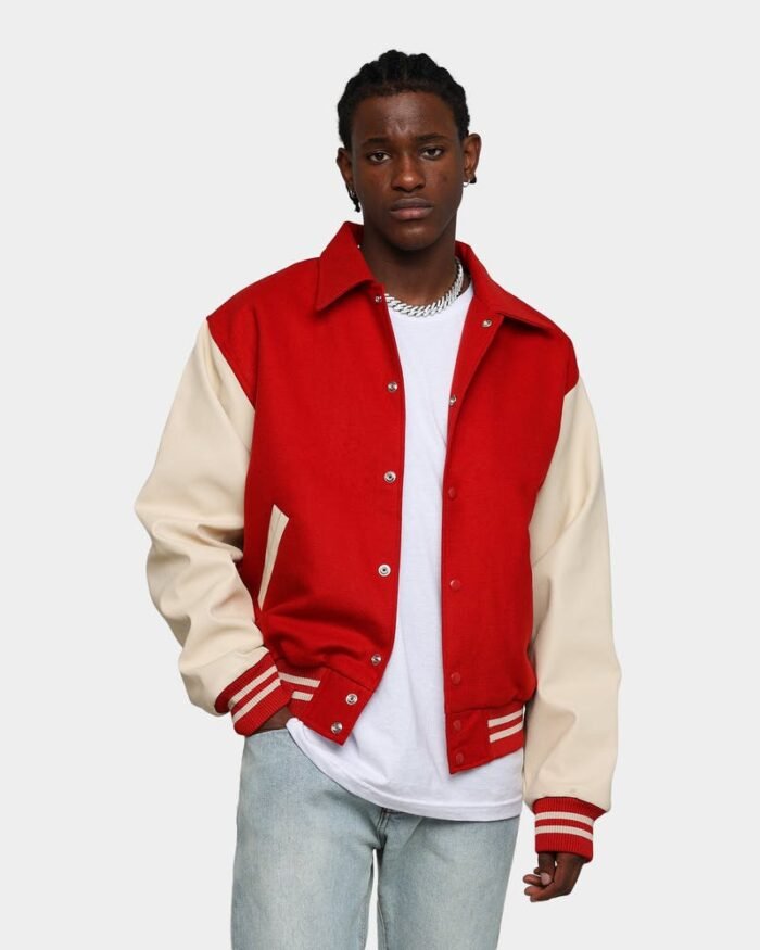 Men's Collared Varsity Jacket in Red