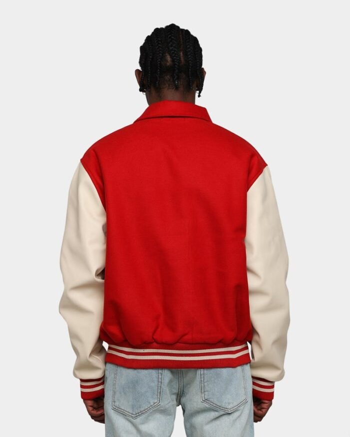 Get Men's Collared Varsity Jacket in Classic Red and Creme Combination