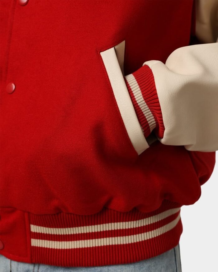 Men's Collared Varsity Jacket with Red and Creme Ribbed cuffs Design