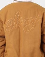 Khaki Stussy Collared Varsity Jacket for Men - The Jacket Place