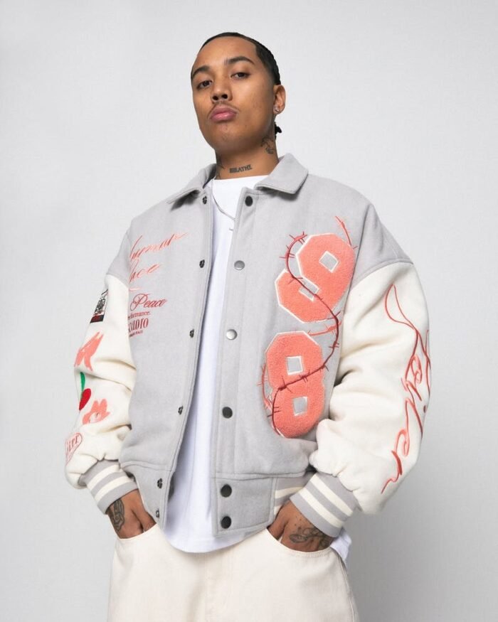 Men's Flower Varsity Jacket in Light Grey & Off White Color