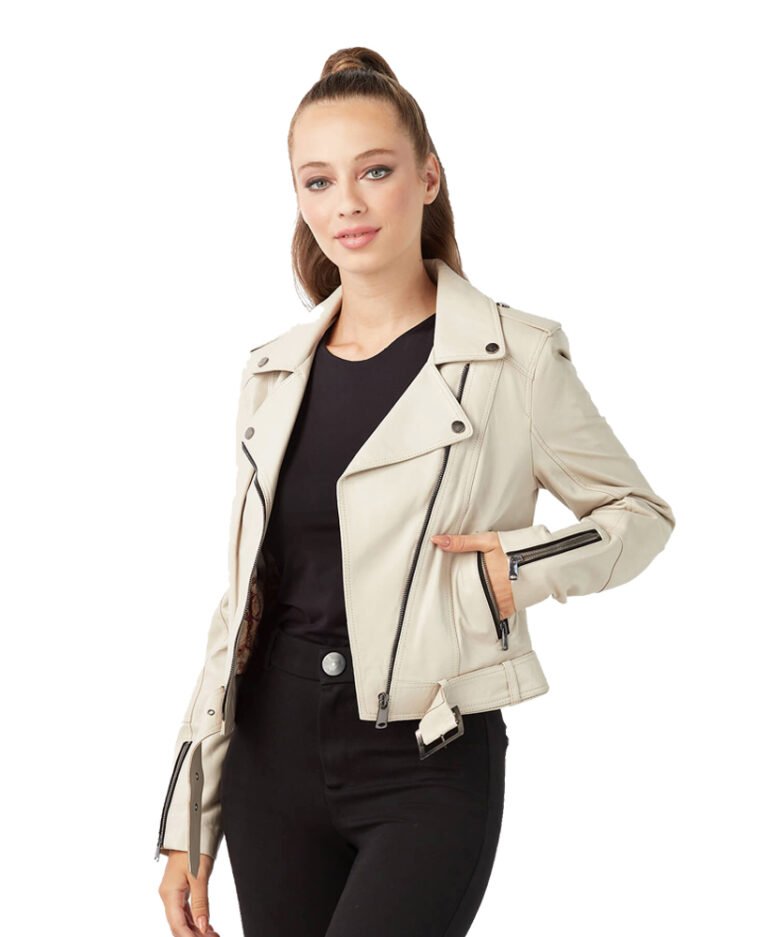 Beige Leather Biker Jacket for Women on Sale - The Jacket Place