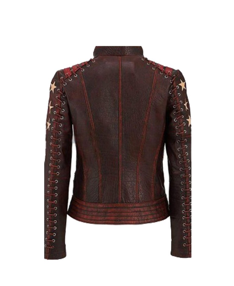 Womens Slim Fit Star Biker Distressed Leather Jacket