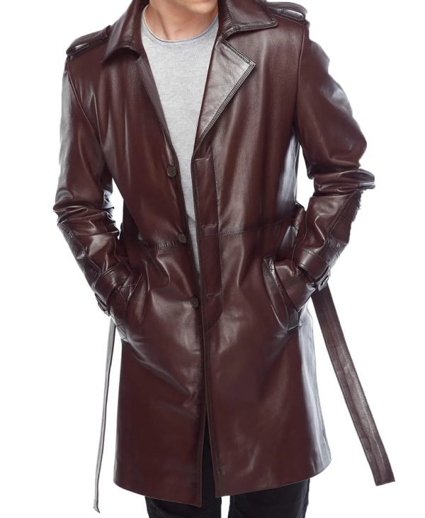 Cool Charlie Maroon Leather Topcoat for Men