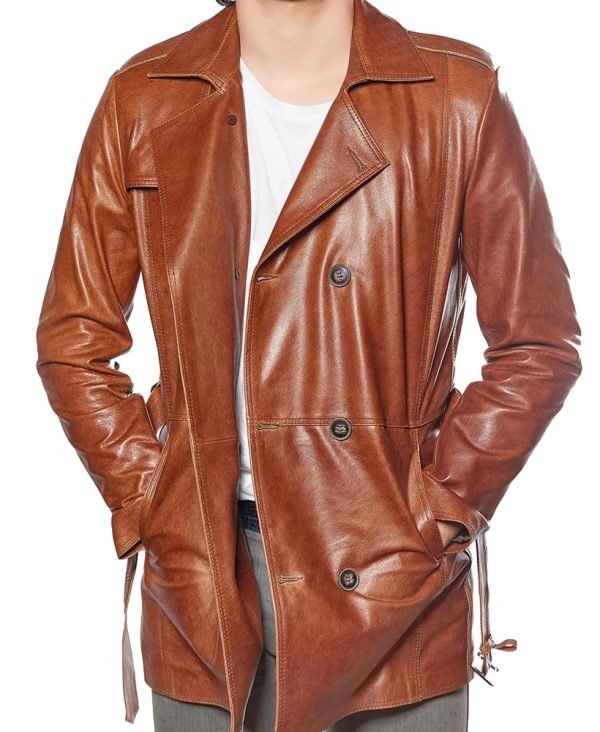 Genuine Leather Men Trench Coat in Tobacco Shade