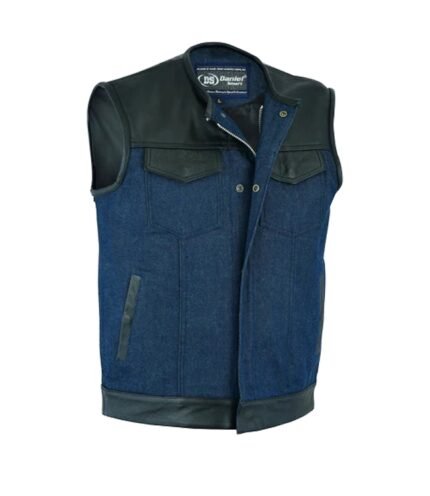 Buy Men's Leather and Denim Combo Blue Vest