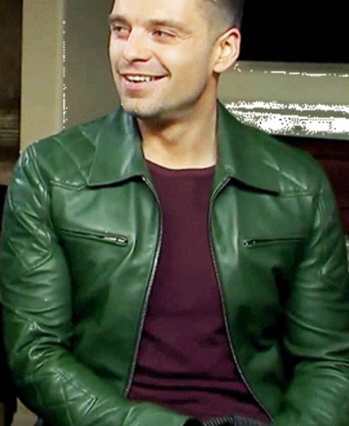 Classic Sebastian Stan Quilted Military Leather Jacket Green Shade