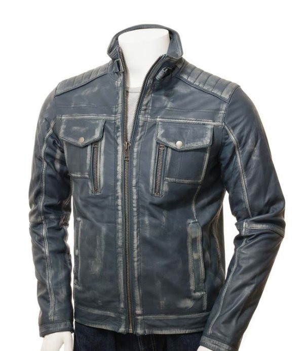 Cafe Racer Blue Waxed Leather Jacket for Men
