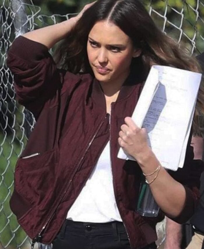 Buy Jessica Alba Burgundy Bomber Jacket