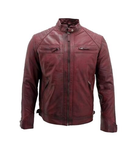 Retro Racing Maroon Leather Jacket for Men