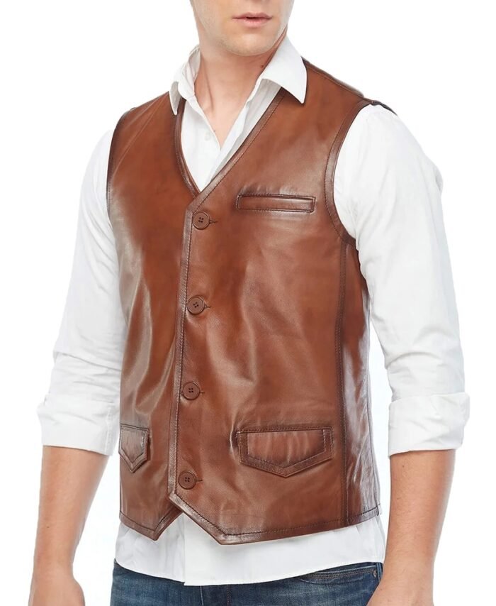 Dominic Adams Brown Sheepskin Mens Leather Vest