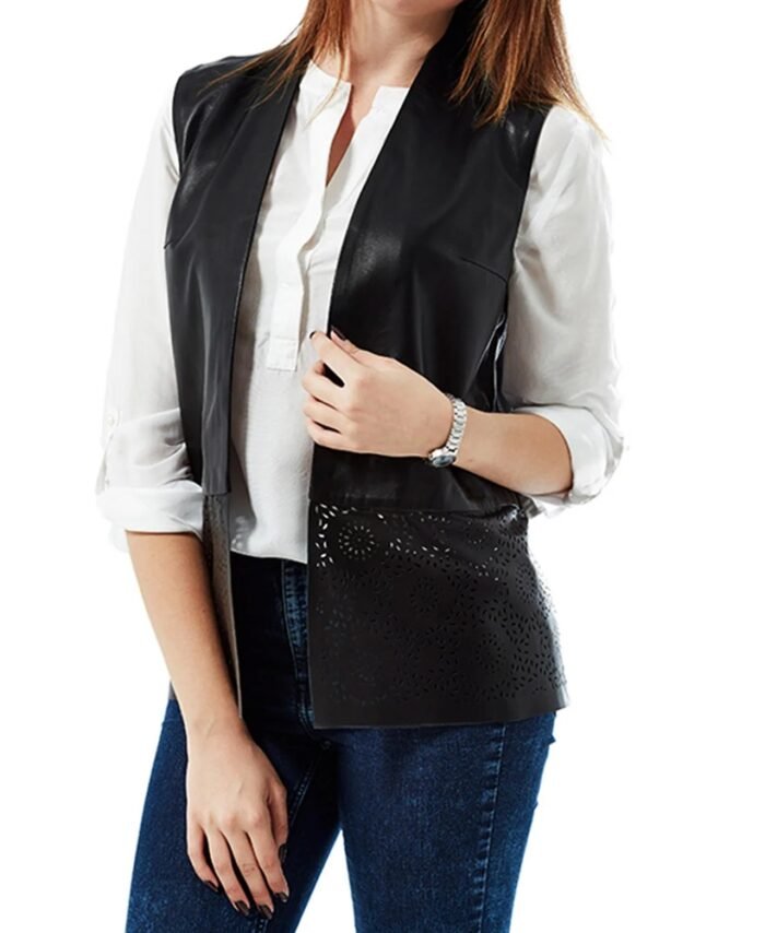 Jenna Embroidered Black Leather Vest for Women