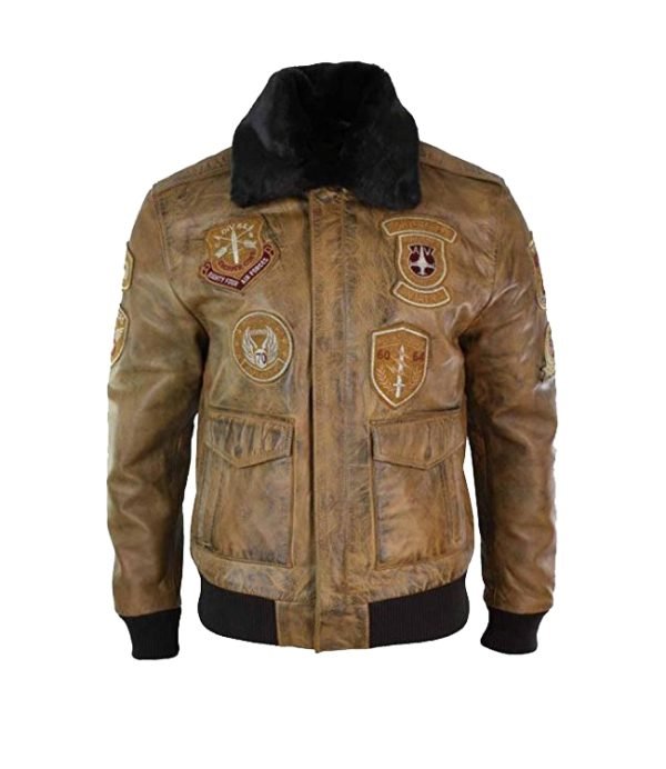 Aviator Bomber Men's Leather Jacket Tan Brown