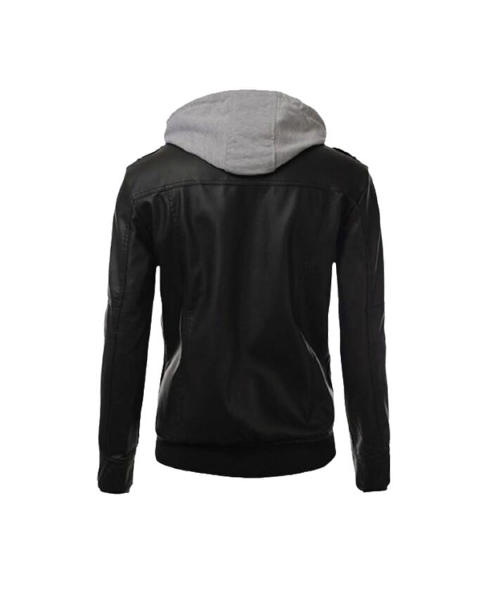 Men’s Biker Hooded Bomber Black Leather Jacket