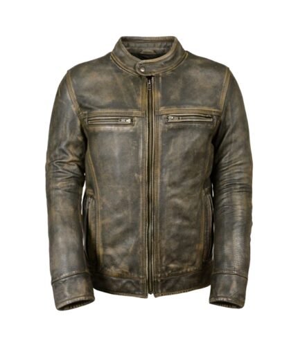 Buy Stand Collar Distressed Cafe Racer Biker Jacket