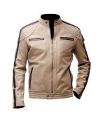 Brown Striped Beige Leather Jacket for Men