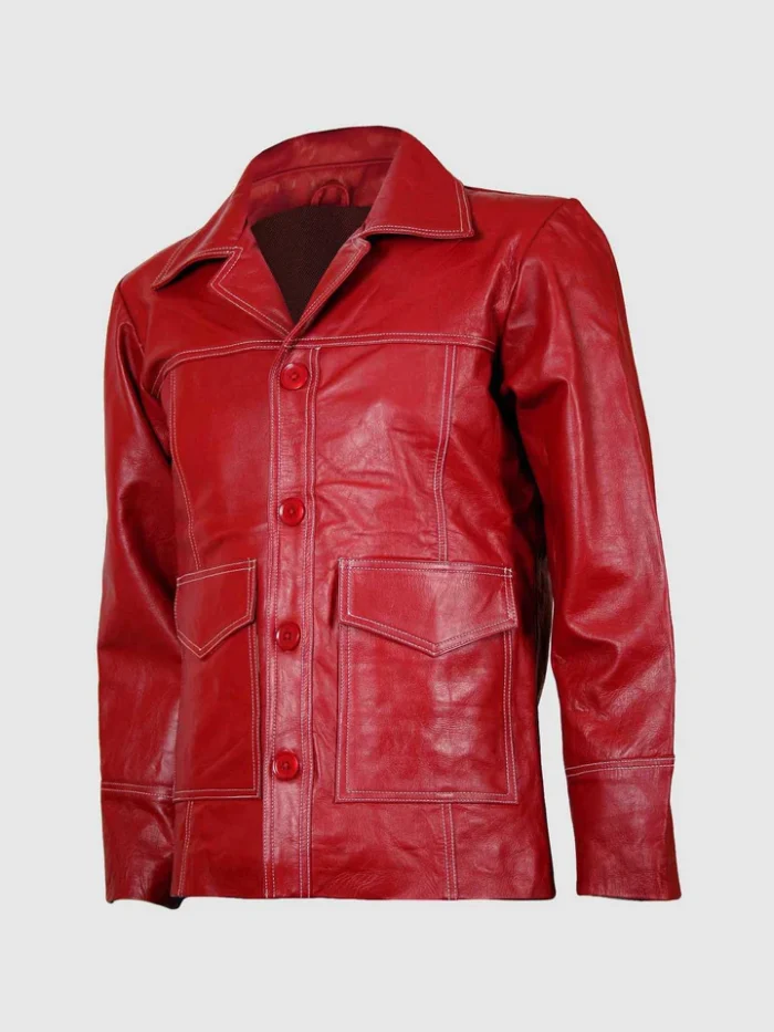 4 Button Red Leather Coat for Men on Sale