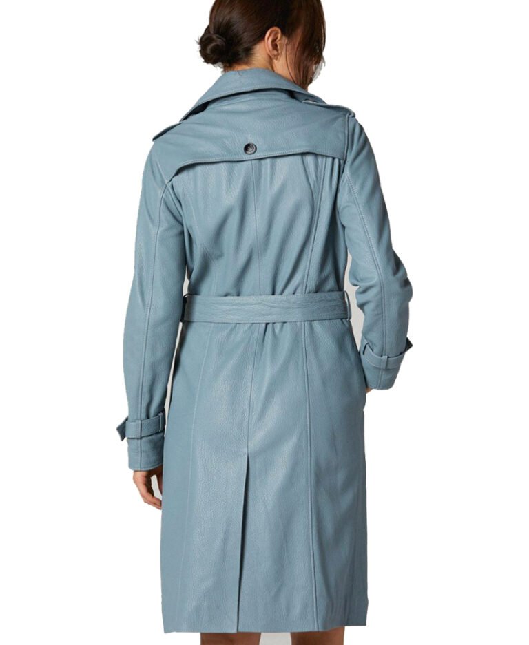 Buy Double Breasted Leather Coat in Ice Blue Color for Women