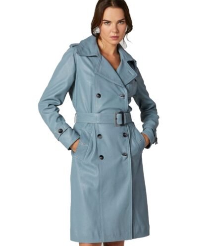 Buy Ice Blue Double Breasted Leather Coat