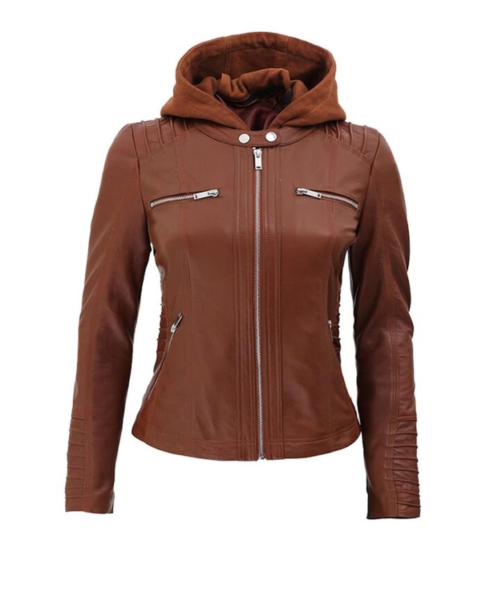 Women's Brown Hooded Leather Jacket - The Jacket Place