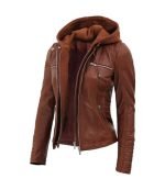 Buy Brown Hooded Leather Jacket for Women
