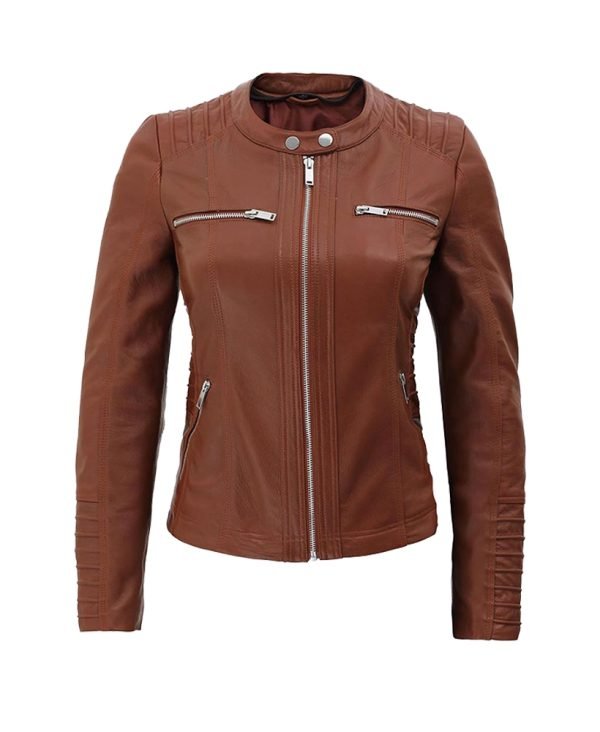 Brown Hooded Leather Racing Jacket for Women - The Jacket Place