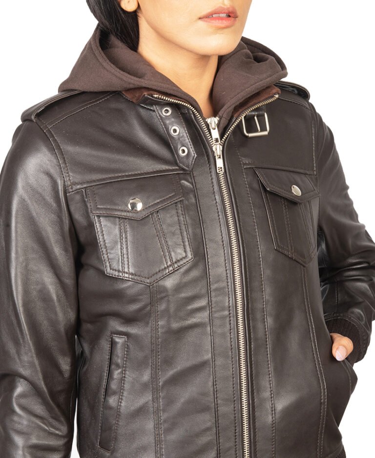 Buy Roslyn Hood Leather Bomber Jacket in Brown