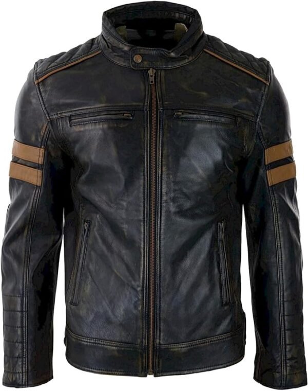 Mens Cafe Racer Moto Leather Jacket Black Color
