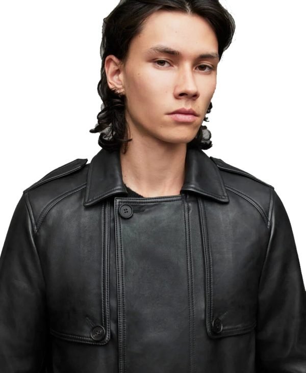Buy Oken Black Leather Trench Coat for Men