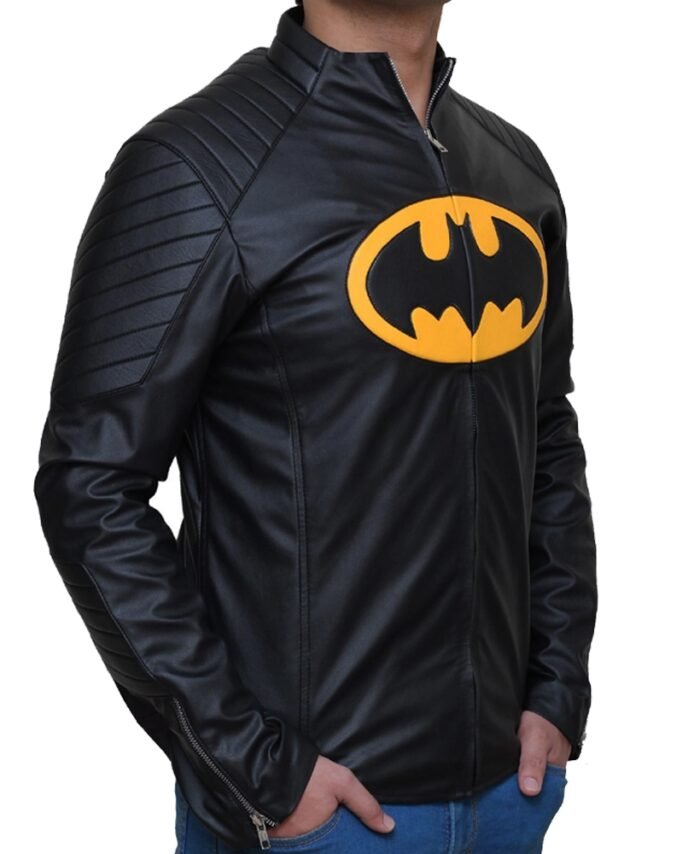 Buy Classic Yellow Batman Logo Leather Jacket Black for Men