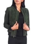 Buy Zenna Suede Bomber Leather Jacket Green