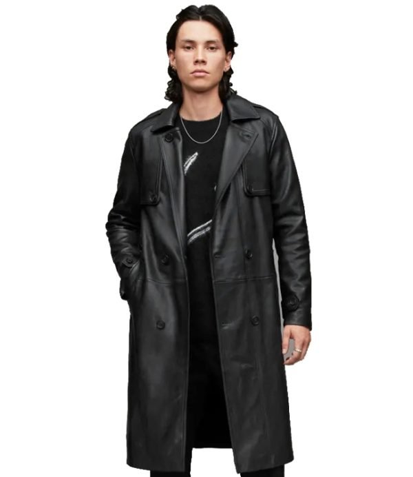 Oken Longline Leather Trench Coat in Black