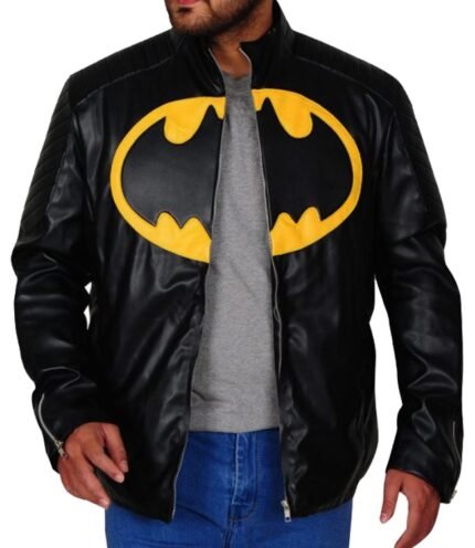 Classic Yellow Batman Logo Leather Jacket Black