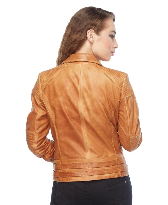 Abigail Tan Brown Leather Biker Jacket for Women