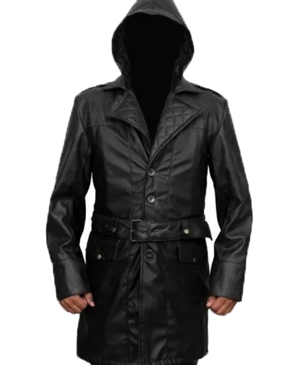 Men Assassin's Creed Leather Trench Coat Black