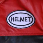 Helmet stitch on red bull leather jacket